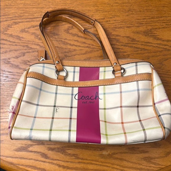 Coach Cream and Pink Shoulder Bag with Plaid Design - Picture 1 of 6